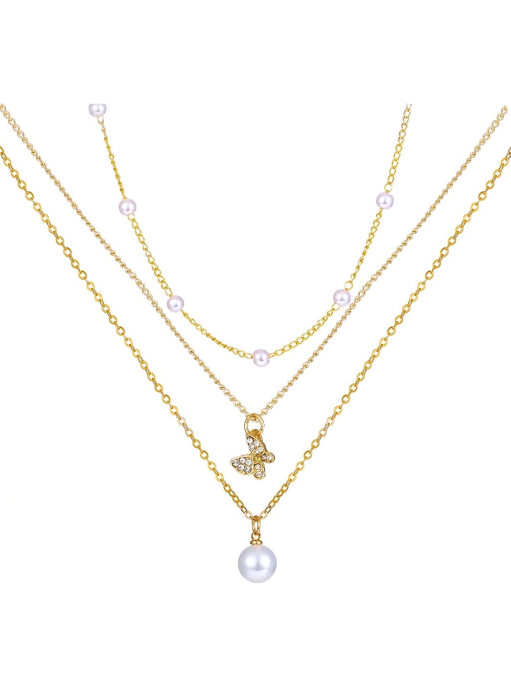 Anthropologie Gold Layered Butterfly & Pearl Drop Necklace